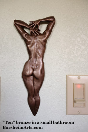 Ten Small Female Nude Back Woman Bronze Bas-Relief Sculpture on Bathroom Wall