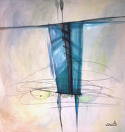 Artemis, a painting of a fashion model type illustration of an abstracted woman with a blue dress.  Painting 150 x 150 cm by Serbian artist Dragana Adamov.