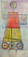 Painting of Athena, the Greek goddess from ancient times who represents science, justice, and civilization.  The balance of warm and cool colors come together beautifully in this abstract portrait of a woman in a dress.