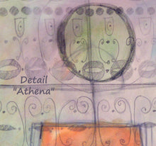 Laden Sie das Bild in den Galerie-Viewer, Detail of the painting of Athena by Dragana Adamov.  Shows the head of the goddess and repeating line designs with orange, purple, and green ... soothing colors. DETAIL 1
