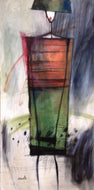 Very angular is this dress and matching hat for the abstract figure painting of the Greek goddess Demeter.  Red, green, and dark blue set off her white face.  Painting by Dragana Adamov