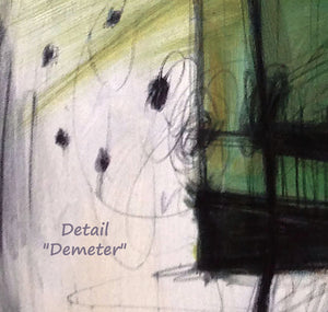 Great line work in a part of this original oil painting of an abstract figure, the goddess Demeter.  DETAIL 2 of abstract oil painting by Serbian artist Dragana Adamov