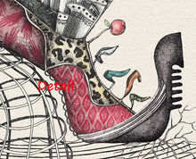 Load image into Gallery viewer, Detail of red shoe gondola with smaller shoes in a fanciful dance, as well as an apple.  Artwork by Dragana Adamov
