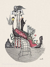 Load image into Gallery viewer, The elegant and fanciful drawing features the unique qualities of Venezia, Italia, (Venice, Italy) in the design of a woman&#39;s red shoe.  A gondolier captains the shoe gondola as he overlooks the Grand Canal.  Other symbols include the Venetian lion, a romantic street lamp with wings, the canal poles or &quot;pali di Casada&quot;,  and other references to the beauty of the Serenissima city.
