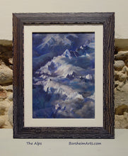Cargar imagen en el visor de la galería, The Alps Aerial View painted in purples, blues, and a muted orange, shown here framed
