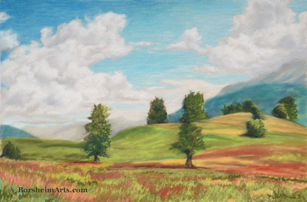 Austrian Valley Landscape Painting of Hills in Austria billowing clouds with rolling hills and trees dotting the land