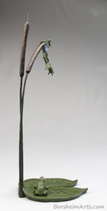 tabletop aquatic bronze sculpture, Cattails and Frog Legs Lily Pad Green Art