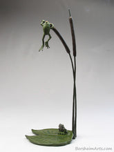 Load image into Gallery viewer, tabletop aquatic bronze sculpture, Cattails and Frog Legs Lily Pad Green Art
