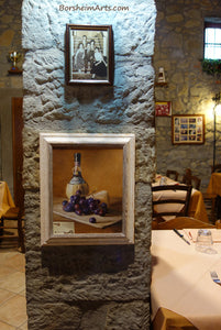 On exhibit in Tuscan Restaurant Chianti Wine, Cheese, and Grapes Still Life Oil Painting