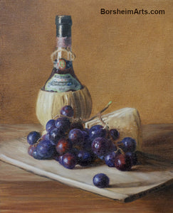 Chianti Wine, Cheese, and Grapes Still Life Oil Painting