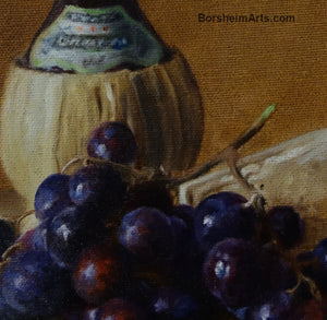 Detail Chianti Wine, Cheese, and Grapes Still Life Oil Painting