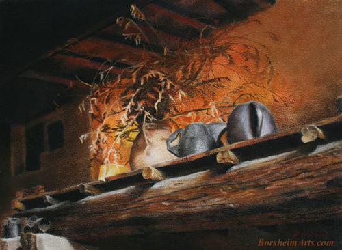 Fiesole Still Life Painting Tuscan Hearth Art Wooden Ceiling Wood Beam