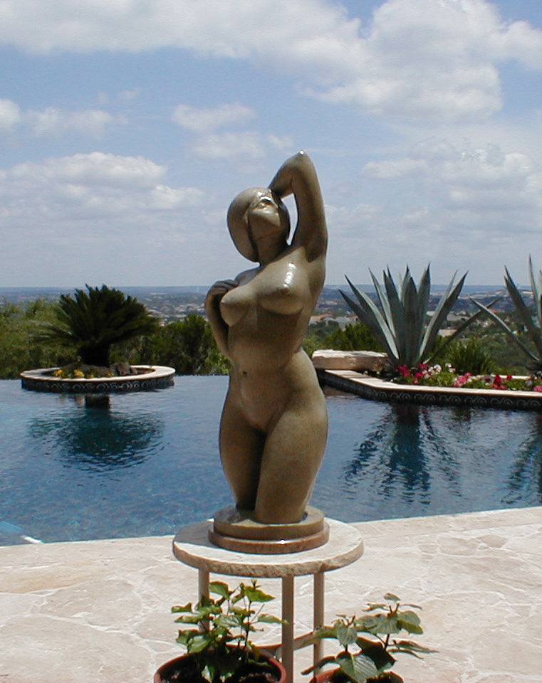 Fantastic pool decor is this Gemini Bronze Garden Sculpture Voluptuous Abstract Figure Statue with Two Faces, Lakeway, Texas