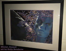 Load image into Gallery viewer, Framed with two mats, one if thin PURPLE inner mat, the other white,Winter Blue Woman Wing Pastel Painting
