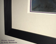 Load image into Gallery viewer, Black ridged frame detail also showing purple inner mat behind the glass Winter Blue Woman Wing Pastel Painting
