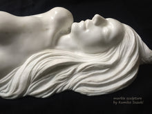 Load image into Gallery viewer, Detail marble portrait sculpture of a woman with long flowing hair by Japanese artist Kumiko Suzuki
