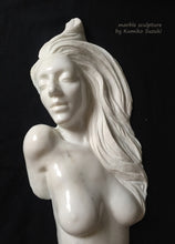 Load image into Gallery viewer, white marble portrait including nude upper torso sculpture of a woman with long flowing hair by Japanese artist Kumiko Suzuki
