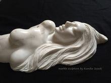 Load image into Gallery viewer, white marble portrait including nude upper torso sculpture of a woman with long flowing hair by Japanese artist Kumiko Suzuki
