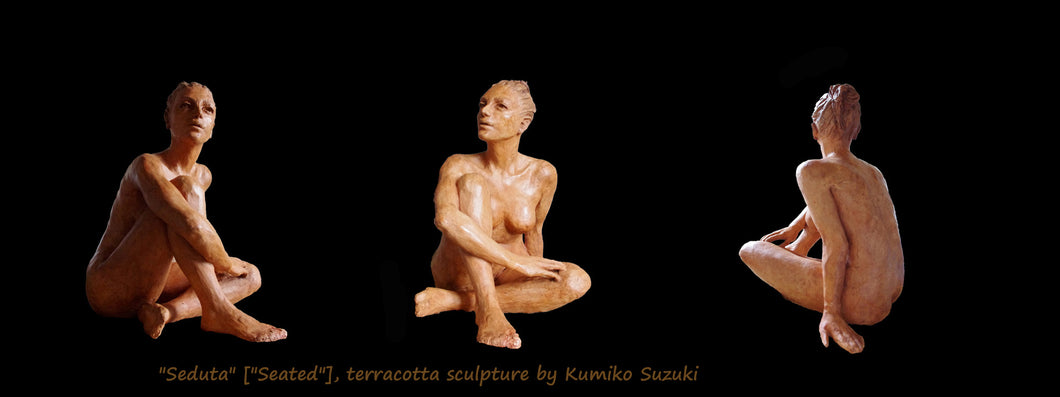 Seated woman sculpture in terracotta by Kumiko Suzuki.  Woman looks up towards the sky, one knee up with her arm wrapped around it.