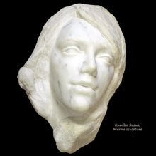 Load image into Gallery viewer, This is a Carrara white marble portrait sculpture of a woman, with a composition that looks like a remnant found of antique art.  It was carved by BorsheimArts Guest Artist Kumiko Suzuki
