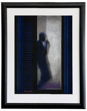 Load image into Gallery viewer, La Pausa, a pastel drawing on black paper, looks great framed with a white mat, wide black frame, and Museum Glass [for minimum glare], minalmalist pastel drawing by artist Kelly Borsheim

