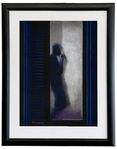 La Pausa, a pastel drawing on black paper, looks great framed with a white mat, wide black frame, and Museum Glass [for minimum glare], minalmalist pastel drawing by artist Kelly Borsheim