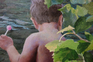 Detail Palette Knife Painting Lollipop Painting of Boy Child Innocence Looking Into River Natural In Nature
