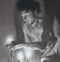 Cargar imagen en el visor de la galería, a man meditates while reaching for the candle fire.  his shadow rises dramatically behind him.  his hair is in dreadlocks and he has a trimmed beard. Nude from waist up, bare feet black man
