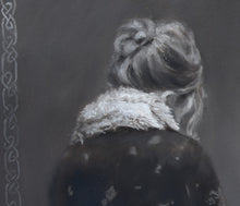 Charger l&#39;image dans la galerie, Closeup of woman&#39;s hair swept up into a loose bun, tendrils handing down.  she wears a winter coat rimmed with fur neckline monochromantic neutral painting detail
