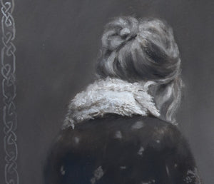 Closeup of woman's hair swept up into a loose bun, tendrils handing down.  she wears a winter coat rimmed with fur neckline monochromantic neutral painting detail