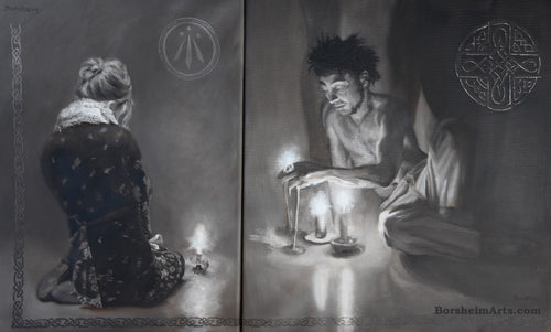 Luminosity Diptych of Woman and Man with Candlelight and Celtic Symbols Awen Firelight Shadows Prayer