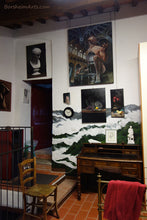 Laden Sie das Bild in den Galerie-Viewer, Mural in private home to create a dark background against two white marble sculptures.  Painted clouds floating among green wooded hills in Tuscany, Italy.  by Artist Kelly Borsheim
