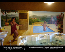 Laden Sie das Bild in den Galerie-Viewer, Mural of three women around a pool on a terrace with flowers and view of Tuscan landscape, Italy

