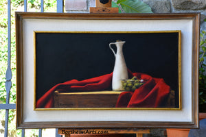 Olives and Oil ~ Still Life with Red Fabric Framed