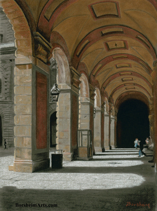 Palazzo Pitti - Firenze, Italia ~ Original Pastel & Charcoal Drawing Repeating Arches in perspective