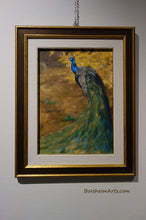 Load image into Gallery viewer, framed painting of gorgeous male peacock walking in front of some bright yellow autumn leaves
