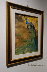 framed painting of gorgeous male peacock walking in front of some bright yellow autumn leaves