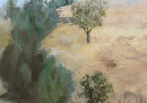 Detail of trees and Texas landscape Persephone  90 x 130 cm [about 35 x 51 in] Oil on Canvas by Kelly Borsheim