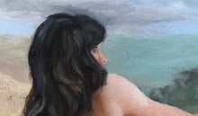 Load image into Gallery viewer, Detail of the face of the artist as Michelangelo&#39;s butterfly portrait of woman with long dark hair face in profile Persephone  90 x 130 cm [about 35 x 51 in] Oil on Canvas by Kelly Borsheim
