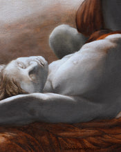Load image into Gallery viewer, Painting detail of reclining male figure nude man full moon monochromatic painting of statue Tribute to Pio Fedi oil on canvas Kelly Borsheim
