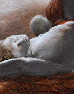 Painting detail of reclining male figure nude man full moon monochromatic painting of statue Tribute to Pio Fedi oil on canvas Kelly Borsheim