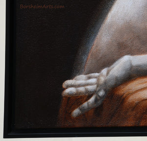Painting detail nude man's hand of reclining male figure nude man full moon monochromatic painting of statue Tribute to Pio Fedi oil on canvas