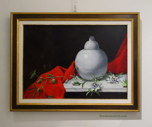 Still Life Painting with intense red cloth, white round vase or bottle container and passion flowers red white green oil painting on wood