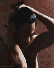 Cargar imagen en el visor de la galería, Detail of Nude man painting looking down with hands in his hair, elbows triangles and extreme upper backlight, The Saint Male Nude Oil Painting Hands on Head Thoughtful Art
