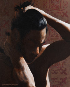 Detail of Nude man painting looking down with hands in his hair, elbows triangles and extreme upper backlight, The Saint Male Nude Oil Painting Hands on Head Thoughtful Art