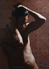 Cargar imagen en el visor de la galería, Nude man looking down with hands in his hair, elbows triangles and extreme upper backlight, The Saint Male Nude Oil Painting Hands on Head Thoughtful Art
