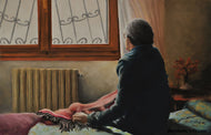 Songbird Old Woman Listening Pastel Figure Painting Sitting up in Bed Home