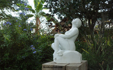 Cargar imagen en el visor de la galería, Stargazer Garden Marble Sculpture of seated Woman resting hands on a knee while leaning back to look up to the skies and stars.
