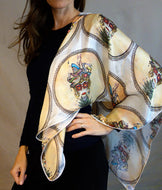 Starry Eyes drawing round design, made into a scarf and modeled on a woman...A sassy girl with curly blonde hair and freckles galore, she will put a swing into your step!