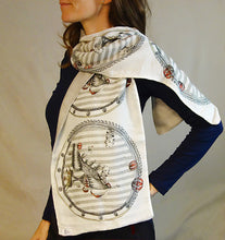 Cargar imagen en el visor de la galería, Tiger Shoe drawing round design, made into a scarf and modeled on a woman.
